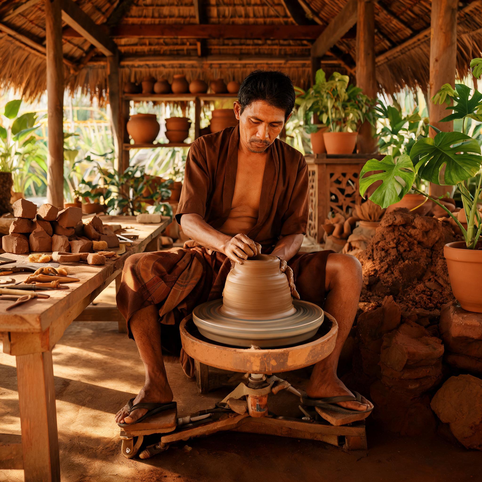 Wayan Sudirga at his kick wheel in the Gianyar studio, 2024. The wheel has been in use since 1998.