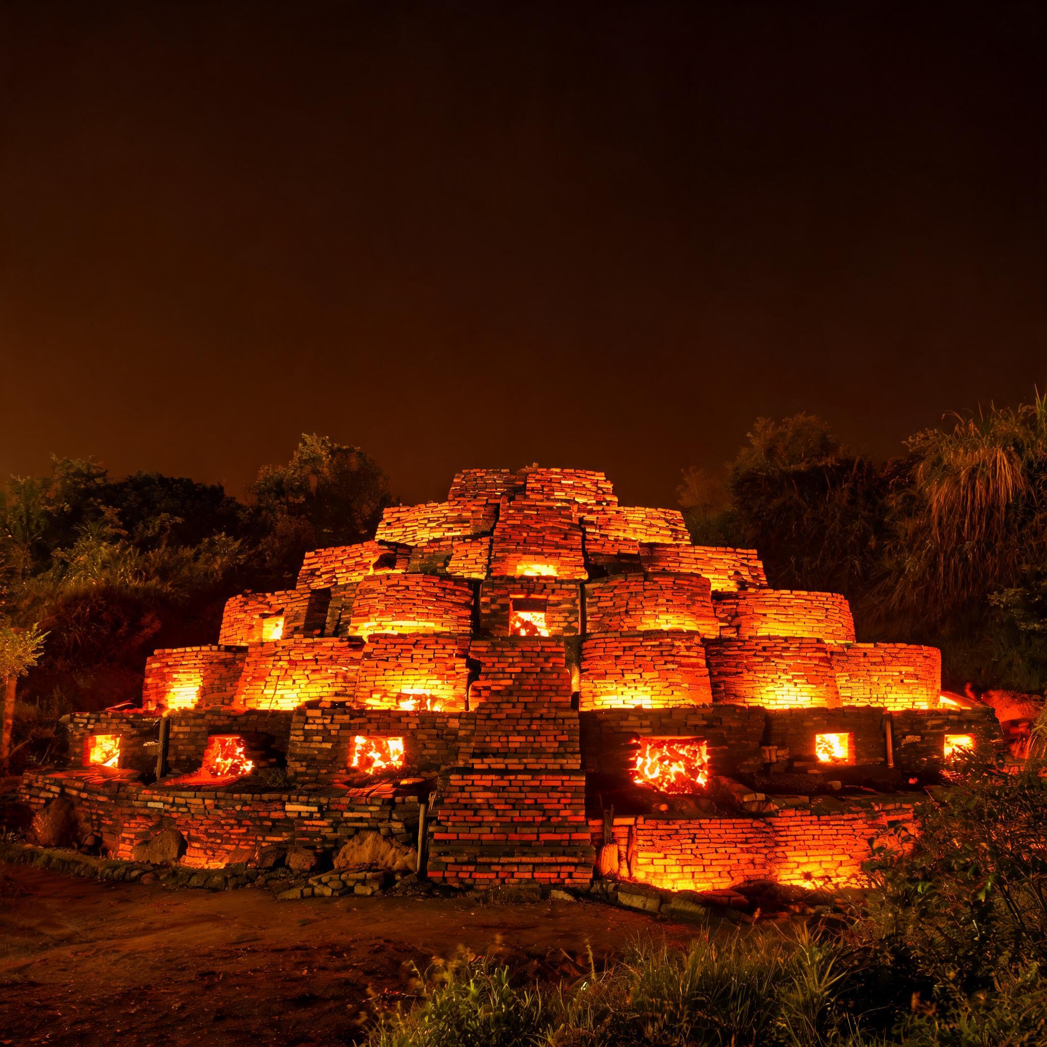The noborigama kiln during a firing, reaching 1,260°C. The bricks glow a deep orange after 60 hours.